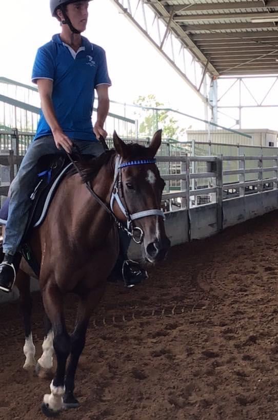 Man riding a brown horse in an indoor arena. The man wears a helmet, blue shirt, and jeans.