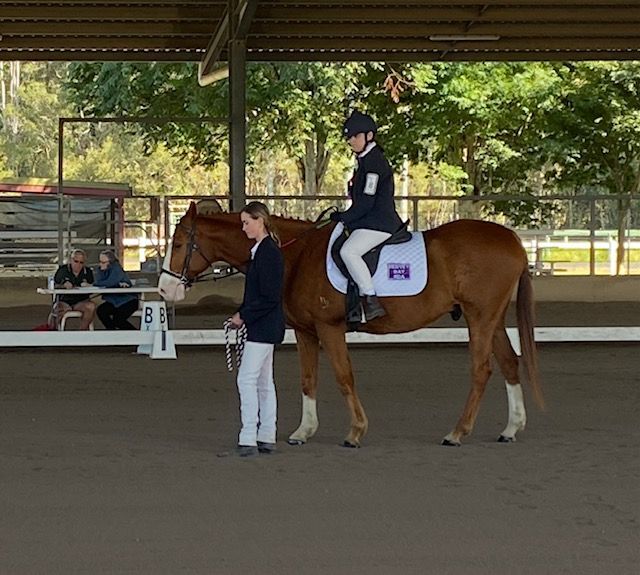 A person on a horse is led by a handler in an arena. Both are dressed in riding attire.