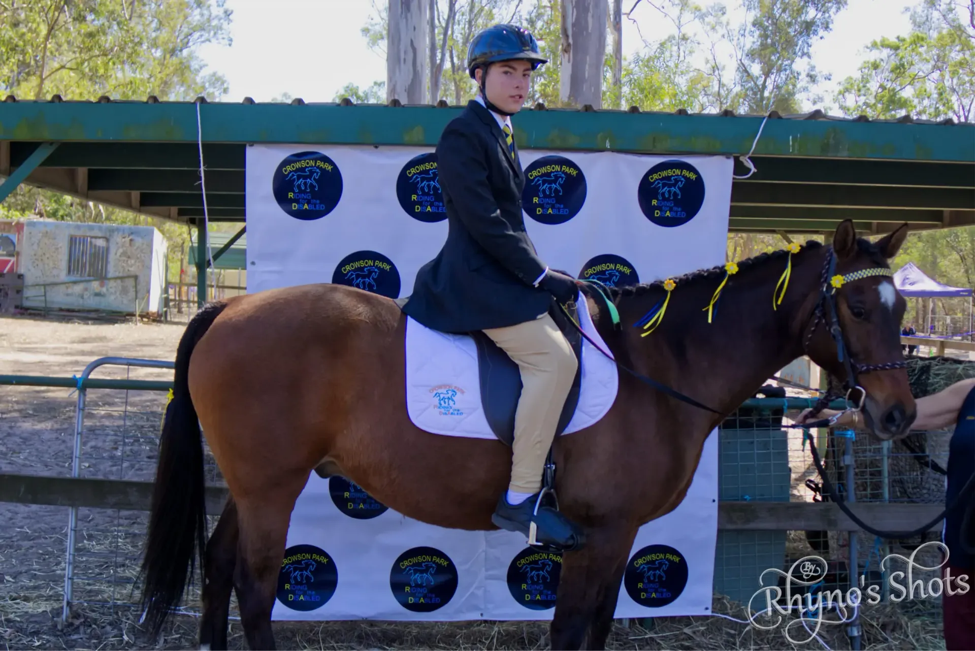 Rider on a brown horse at equestrian event, wearing riding attire. They pose in front of a blue and white backdrop.