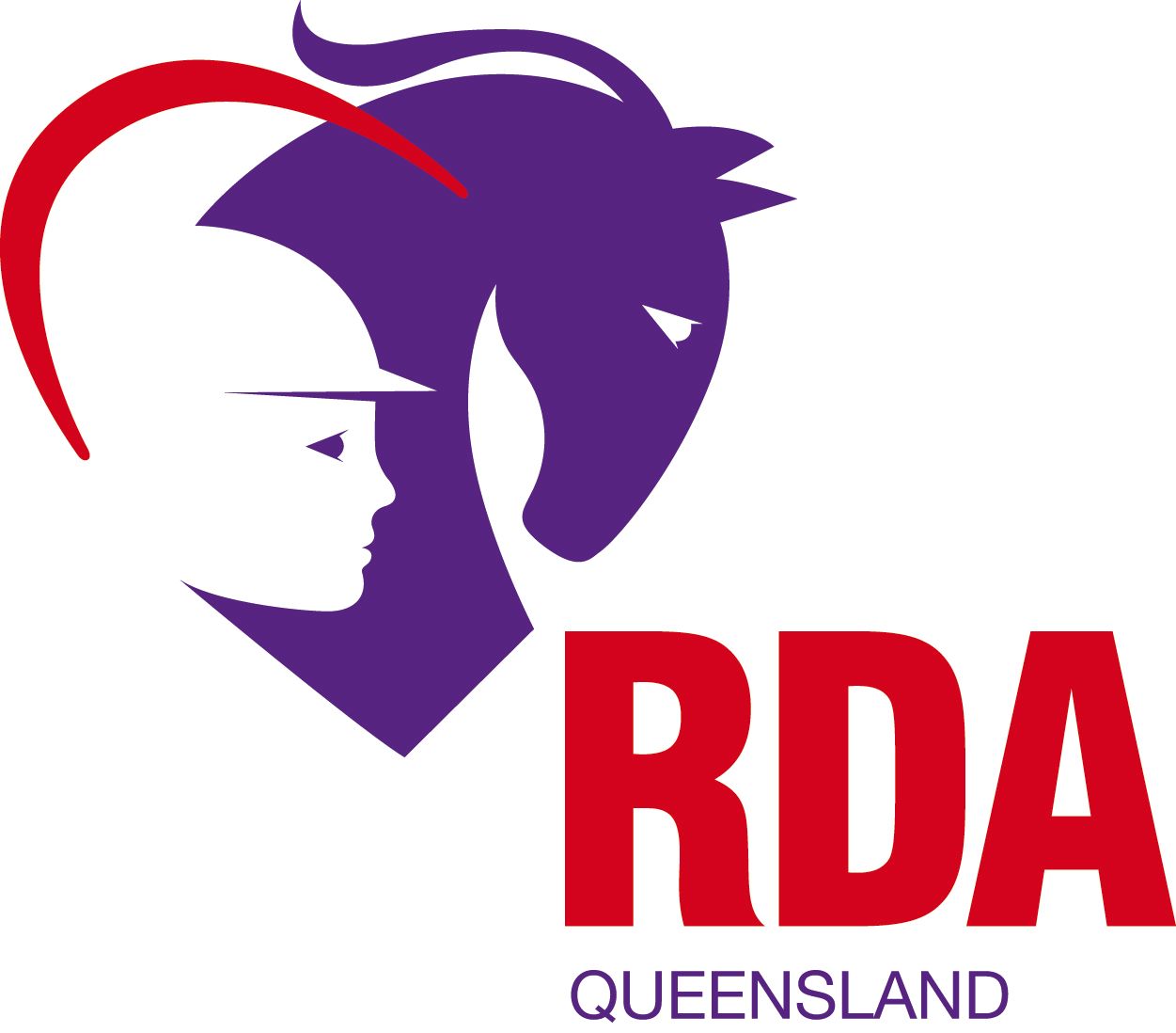 RDA Queensland logo: purple horse head and person wearing helmet. Red 