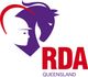 RDA Queensland logo: purple horse head and person wearing helmet. Red