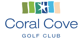 Coral Cove Golf Club logo with blue text and abstract colorful shapes.