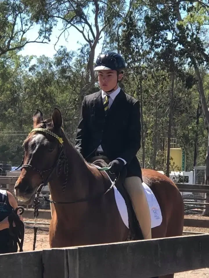 Rider on a brown horse at an equestrian event, wearing a black jacket and helmet, in an outdoor setting.