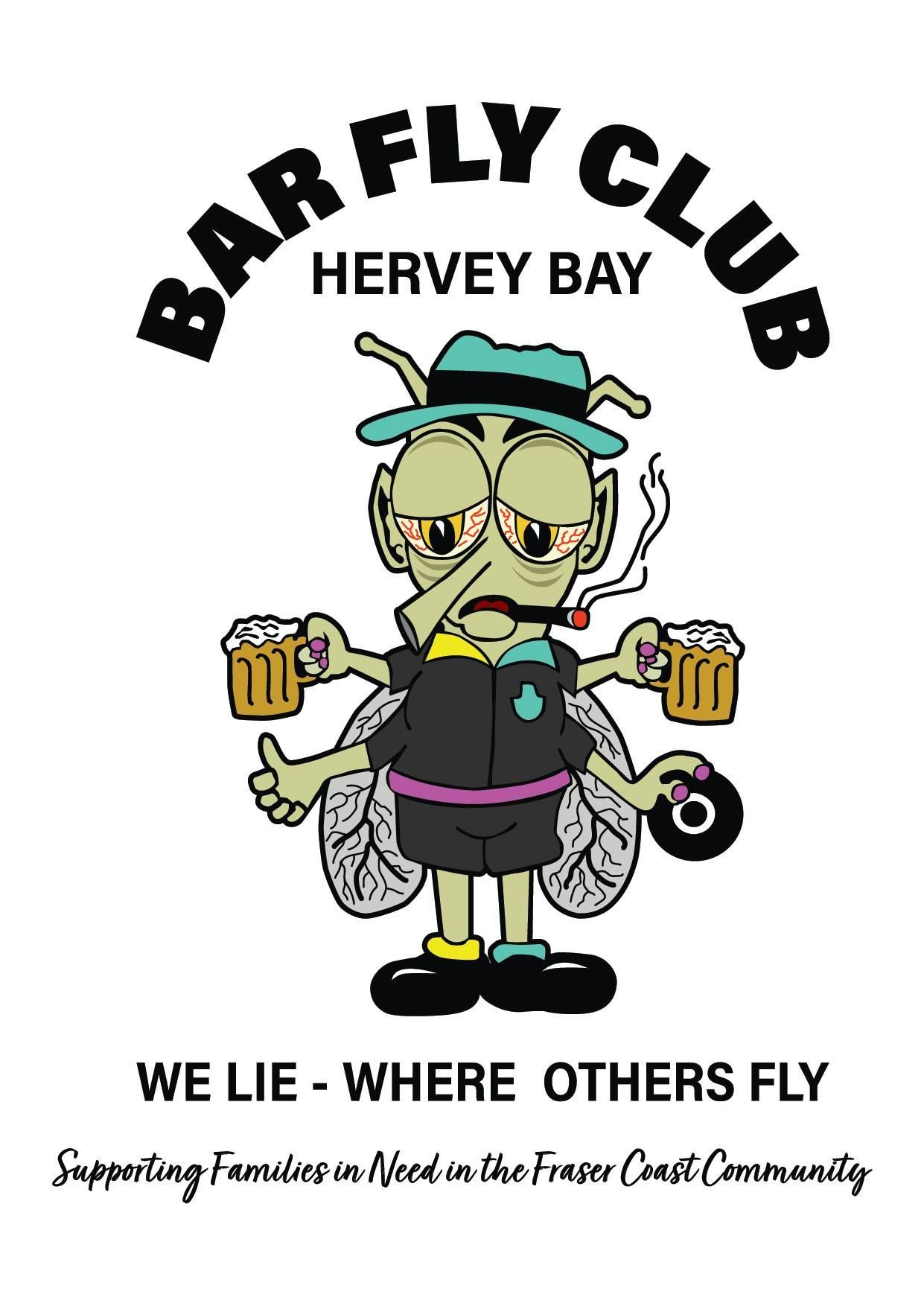 Cartoon fly with beer mugs and a cigarette, wearing a hat and a DJ record, the text "Bar Fly Club Hervey Bay."