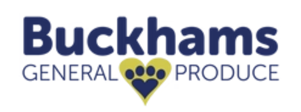Buckhams General Produce logo with paw print in heart shape.