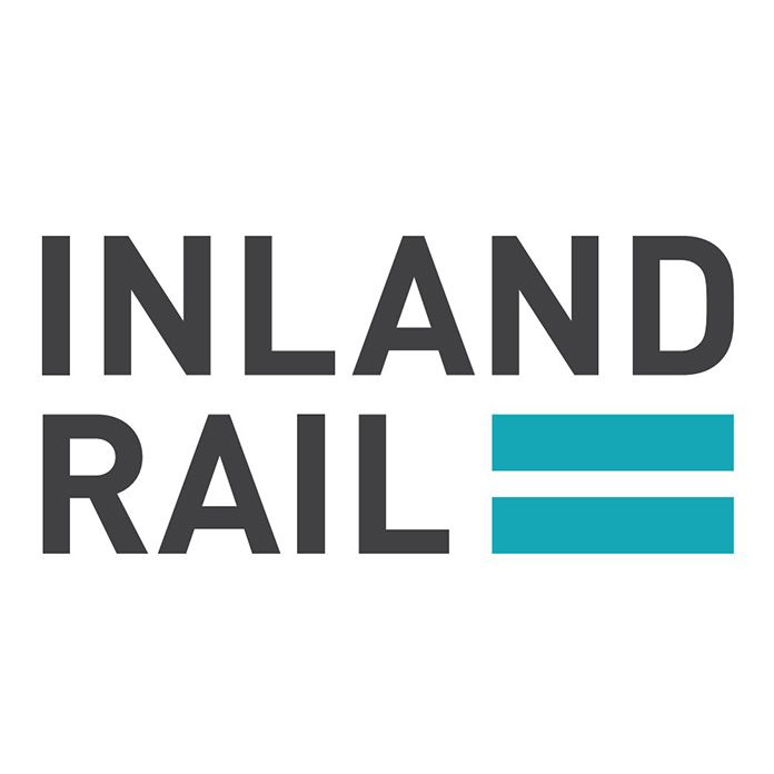 Inland Rail logo: dark gray text over teal horizontal lines.