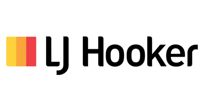 Logo for LJ Hooker real estate. Yellow, orange, and red vertical stripes next to black text.