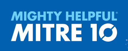 Logo for Mitre 10, a hardware store. It has the text "Mighty Helpful Mitre 10" in white against a blue background.
