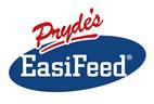 Logo for Pryde's EasiFeed, with red script text over a blue oval with white text.