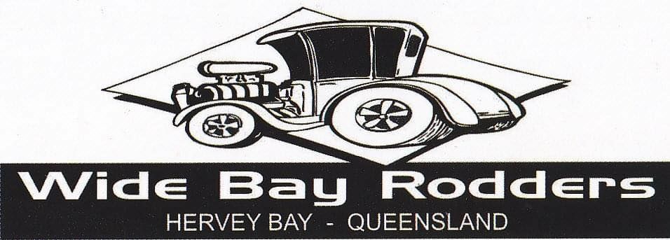 Logo for Wide Bay Rodders, Hervey Bay, Queensland: a hot rod car inside a diamond, text below.