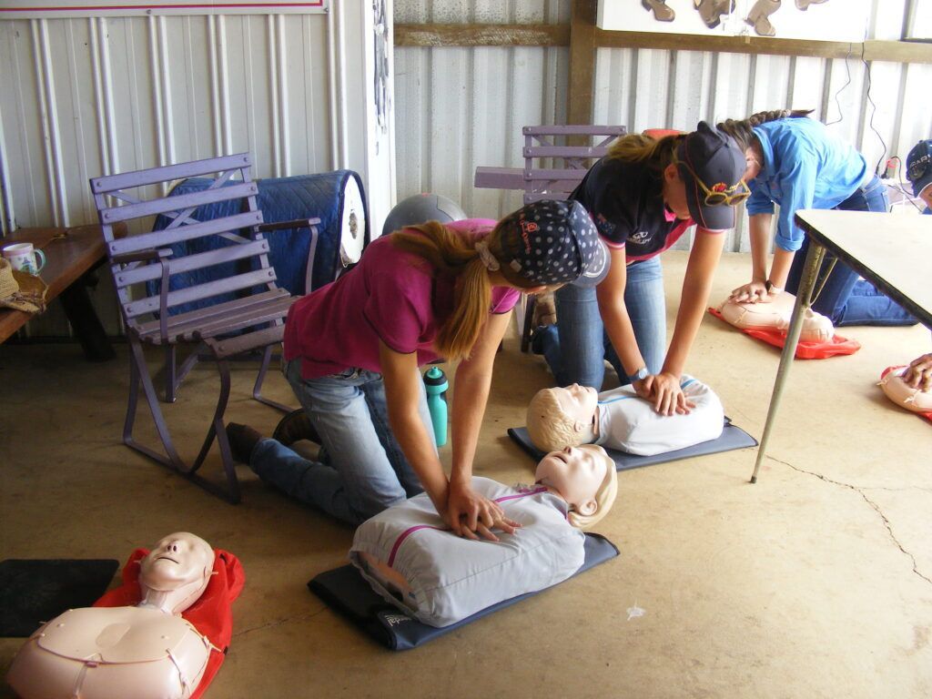 People practicing CPR on mannequins during a training session.