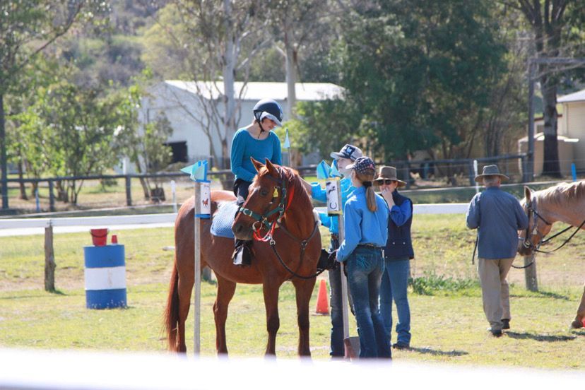 Person on a brown horse at an outdoor equestrian event. Several people in the background, blue accents.