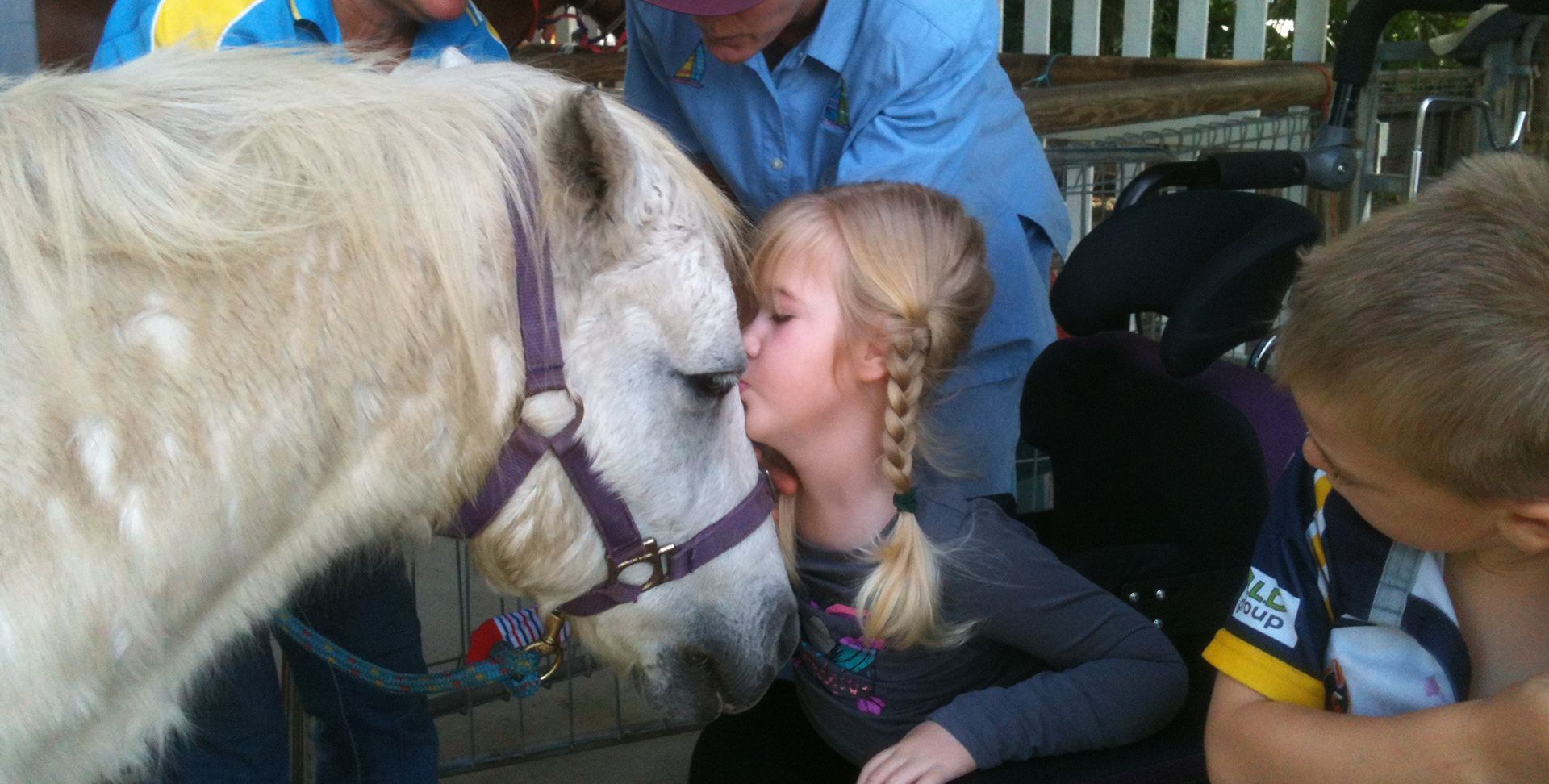 A young girl kisses a white pony's snout, with others nearby.