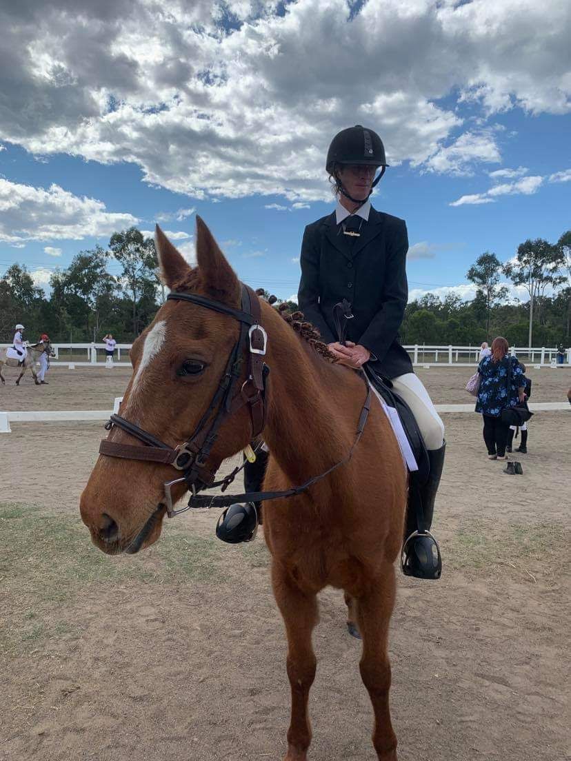 A person on a chestnut horse in a dressage arena, wearing riding attire.