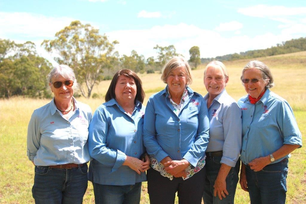 Five people wearing blue shirts stand in a field. Trees and a hill are visible in the background.