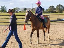 Person leading a chestnut horse with a child rider in an arena; the rider wears a pink helmet.
