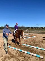 Person leading a pony with a rider over ground poles in an outdoor riding arena.