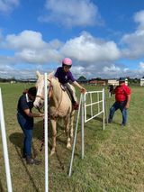 A child on a palomino horse being assisted near a jump, two adults assist on a grassy field under a blue sky.