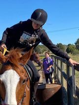 A person on a brown horse, wearing a black helmet, reaching toward a wooden fence. A person in a purple shirt watches.