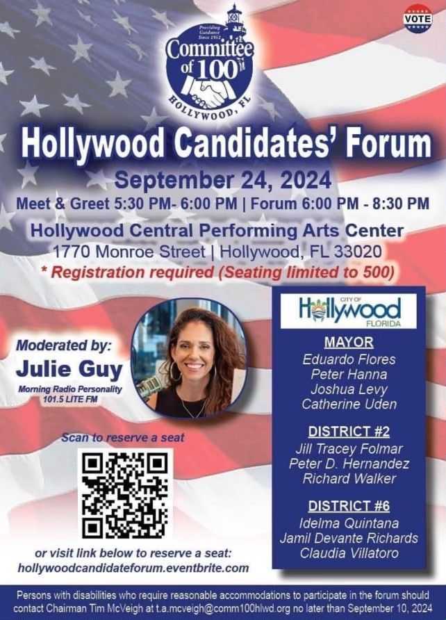 A poster for the hollywood candidates ' forum on september 24 , 2024