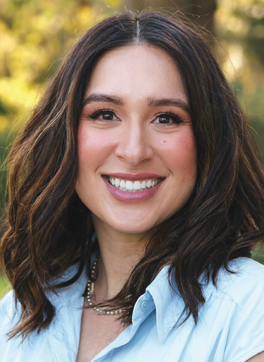 A woman wearing glasses and a white shirt is smiling for the camera.