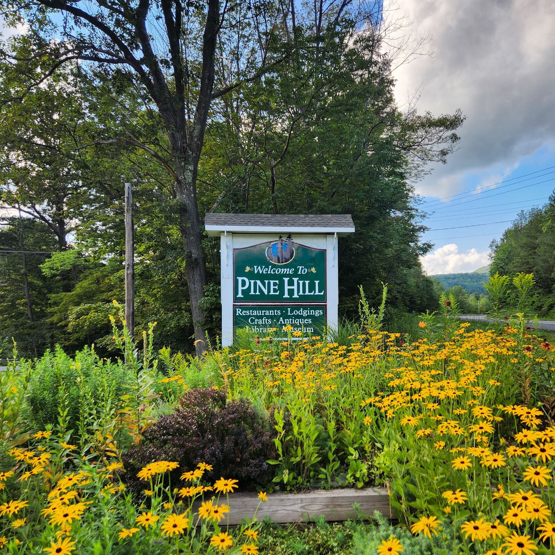 Sign for Pine Hill, New York, with beautiful scenery.