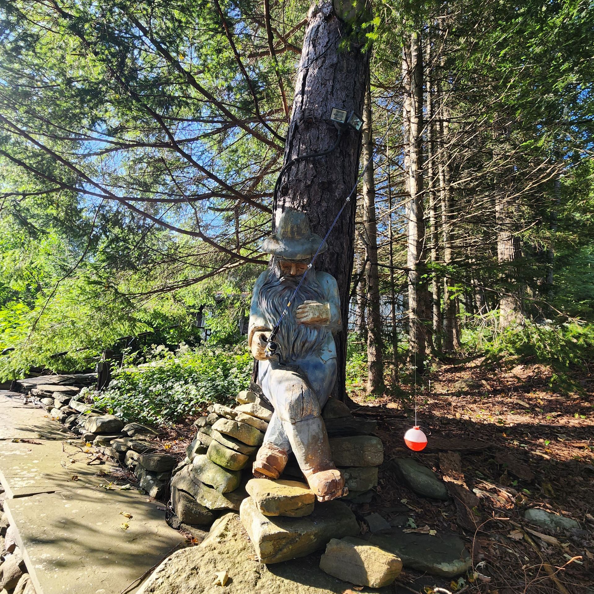 Person sitting under a tree fishing.