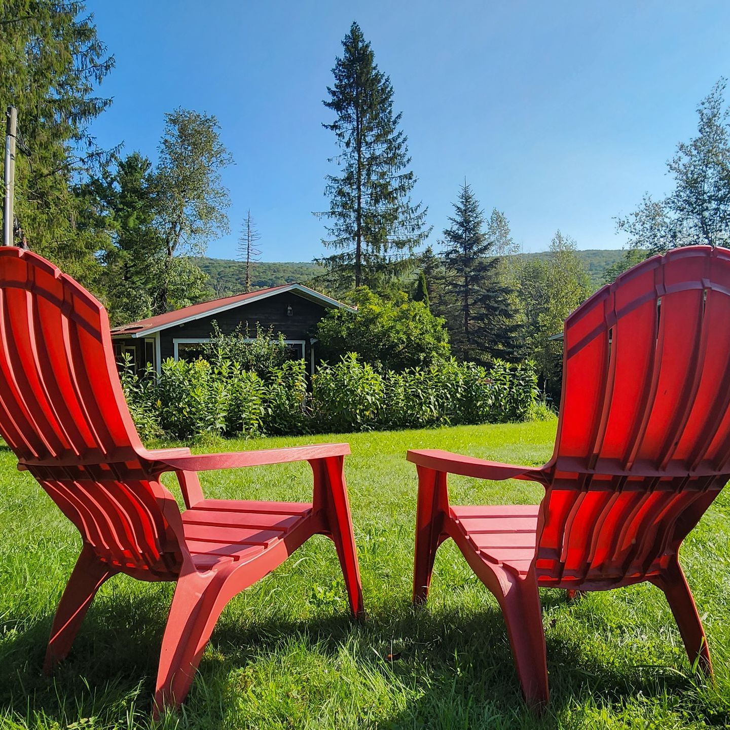 Beautiful two red chairs and views of cabin and Catskills, from Belleayre Lodge in Pine Hill, New York