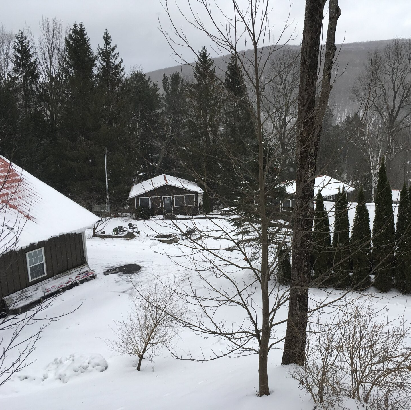 Belleayre Lodge grounds, showing cabins covered in snow.
