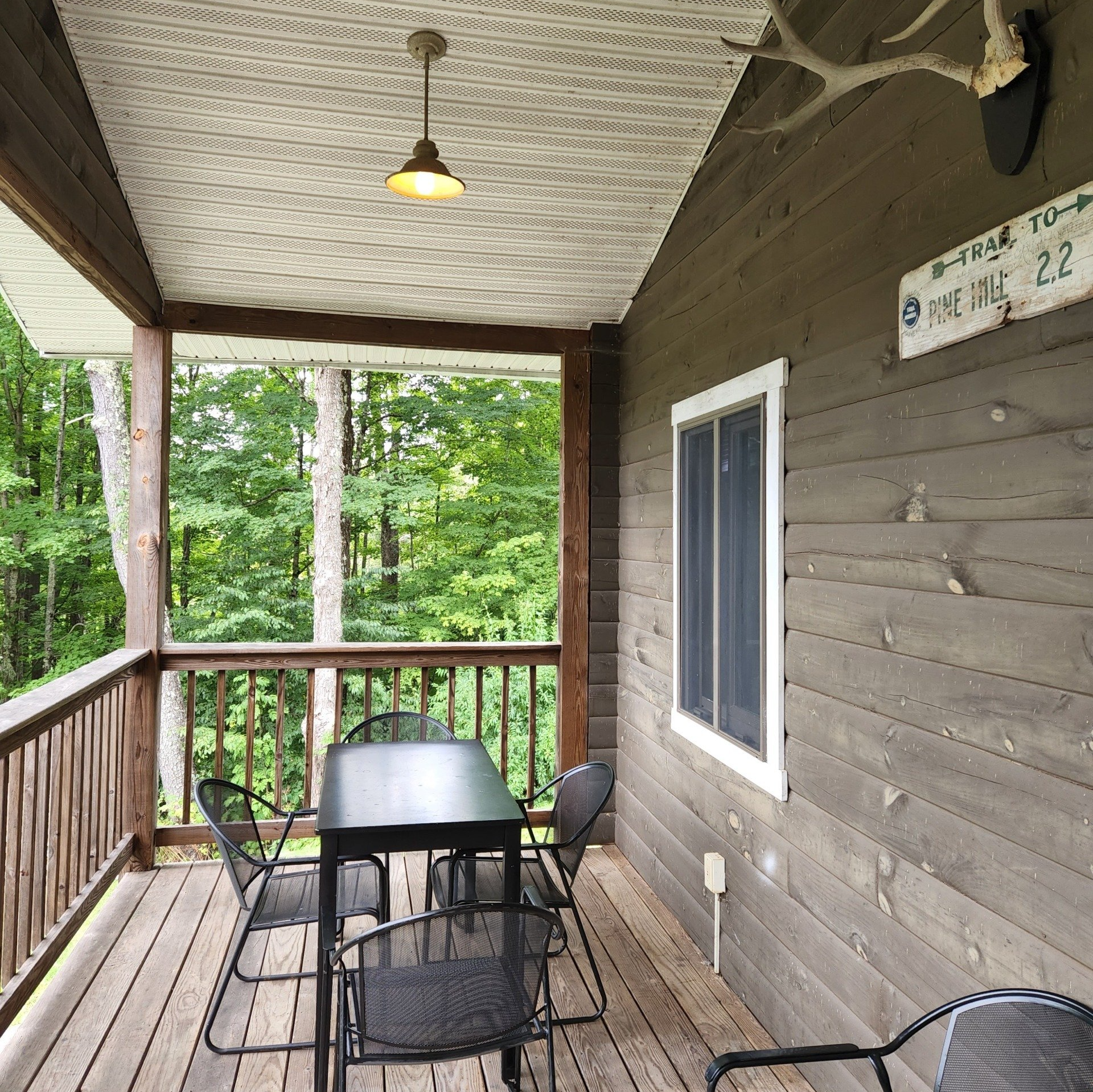 Table on a cabin porch, surrounded by beautiful foliage at Belleayre Lodge.