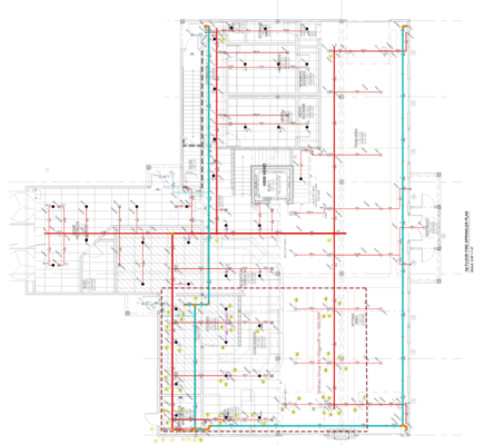 A floor plan of a building with red and blue lines