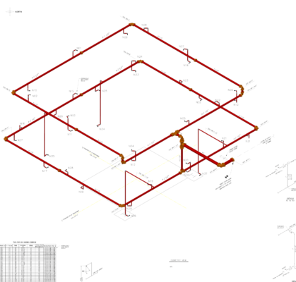 A drawing of a building with red pipes on a white background.