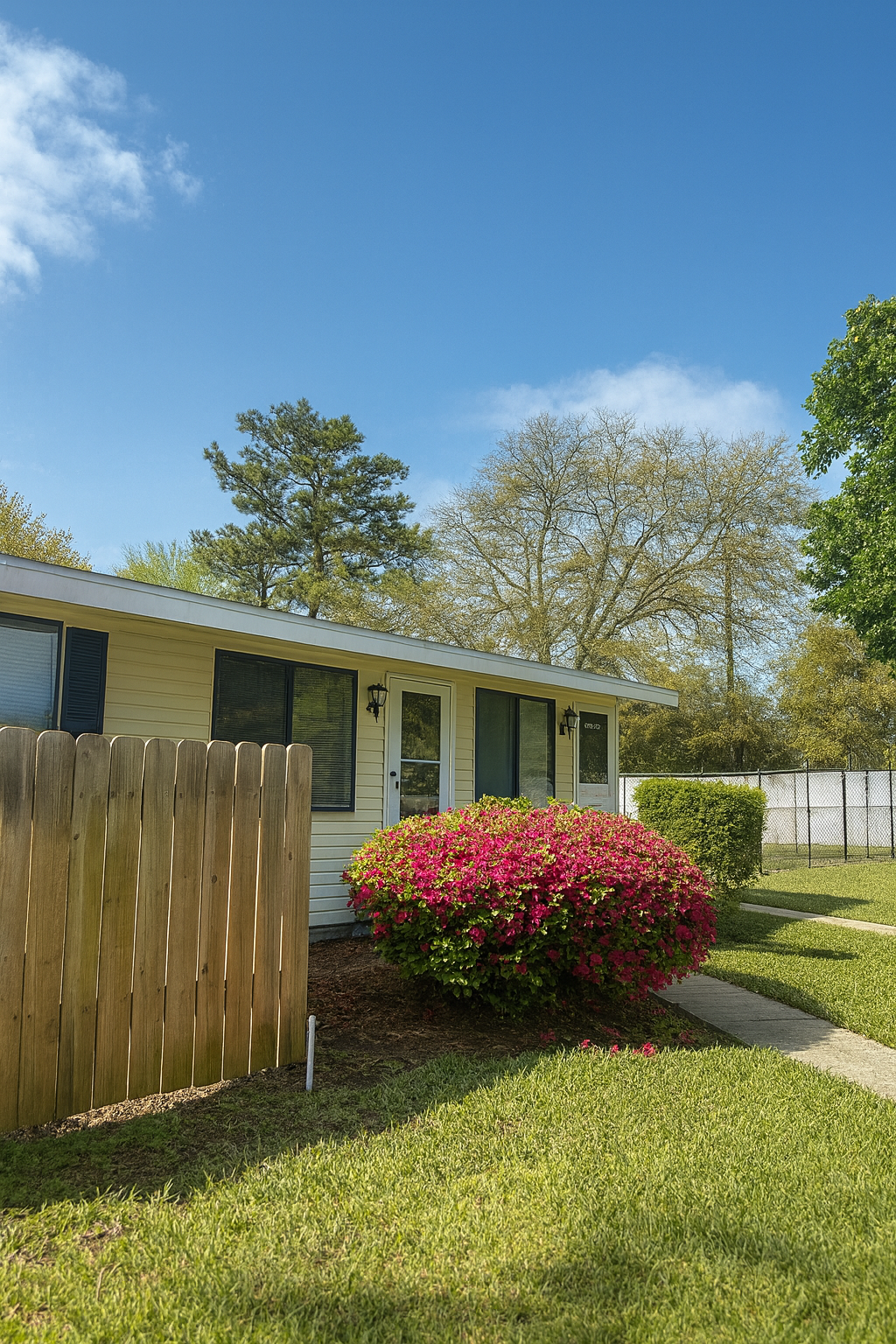 Cottage with a wooden fence, red bush, blue shutters, and a bright blue sky.