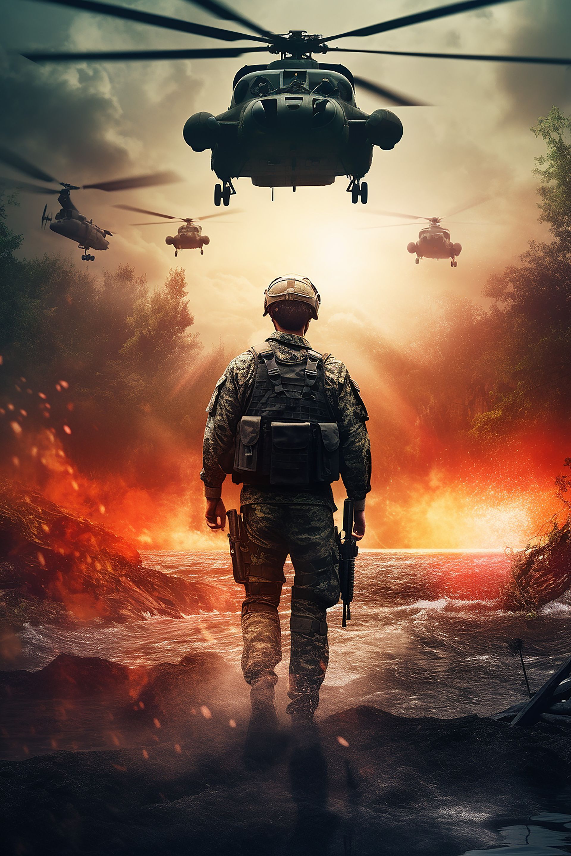 Low Tack Adhesive Wall Graphic - Soldier heading towards military helicopters 