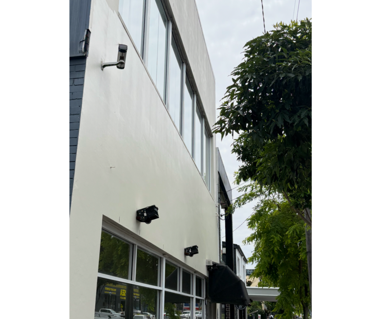 Modern white building exterior with windows, wall lights, and a tree beside it