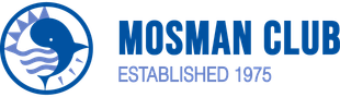 Logo for Mosman Club, established 1975, featuring a circular blue icon of a stylized whale and waves.