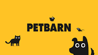 The Petbarn logo with black cartoon animals—a dog, cat, bird, and lizard—on a bright yellow background.
