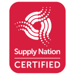 Red rectangular logo with a white stylized circular graphic above the text "Supply Nation CERTIFIED".