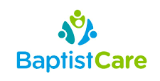 The BaptistCare logo, featuring an abstract icon of three stylized figures in green and blue, above the text "BaptistCare".