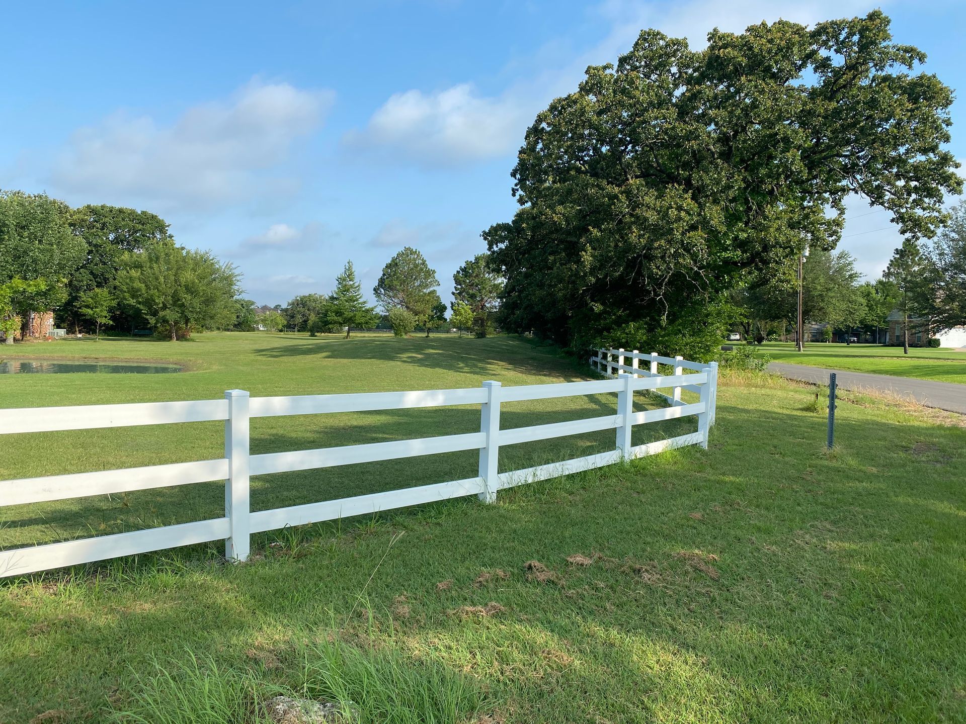 A white fence surrounds a grassy field with trees in the background