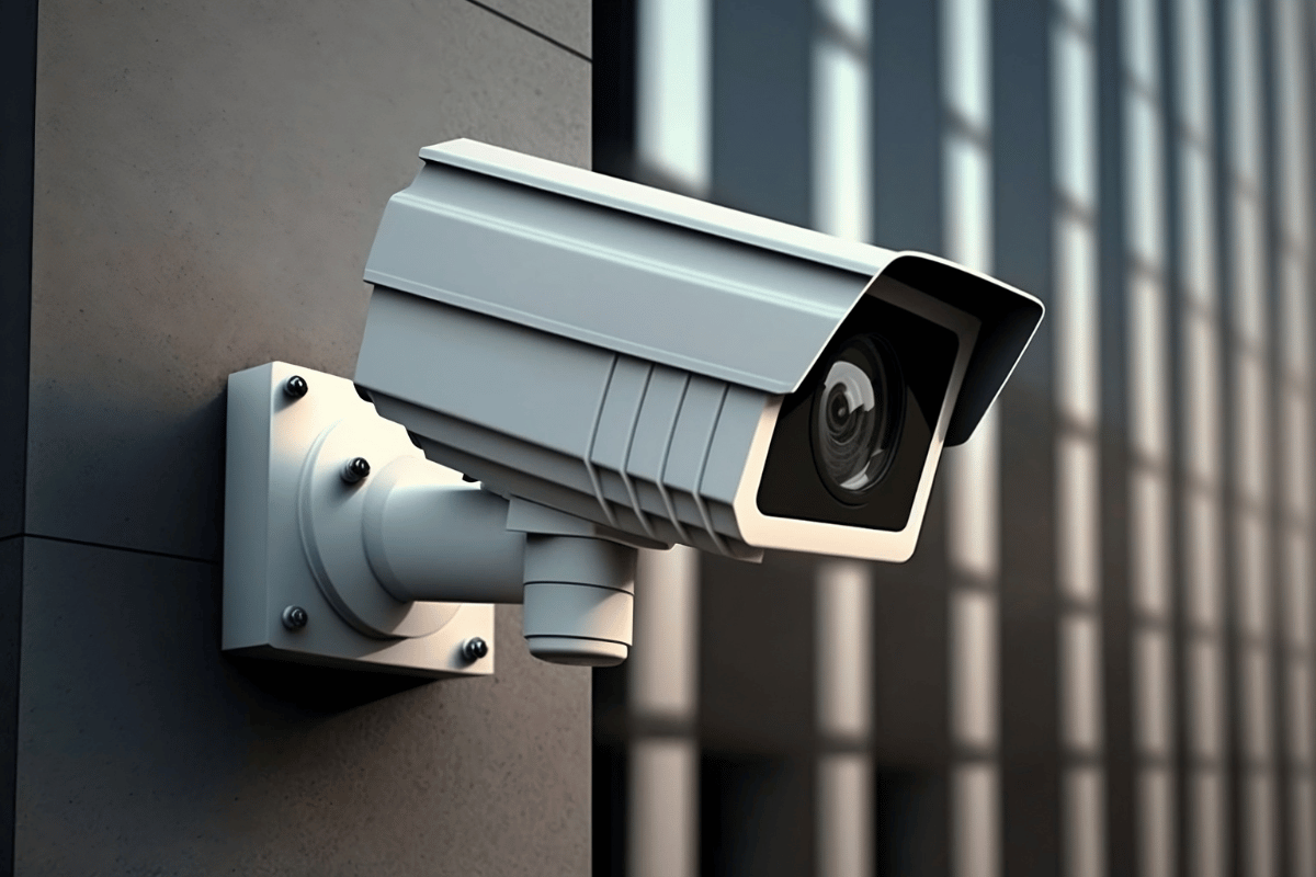 White security camera mounted on a gray building, angled toward the viewer.