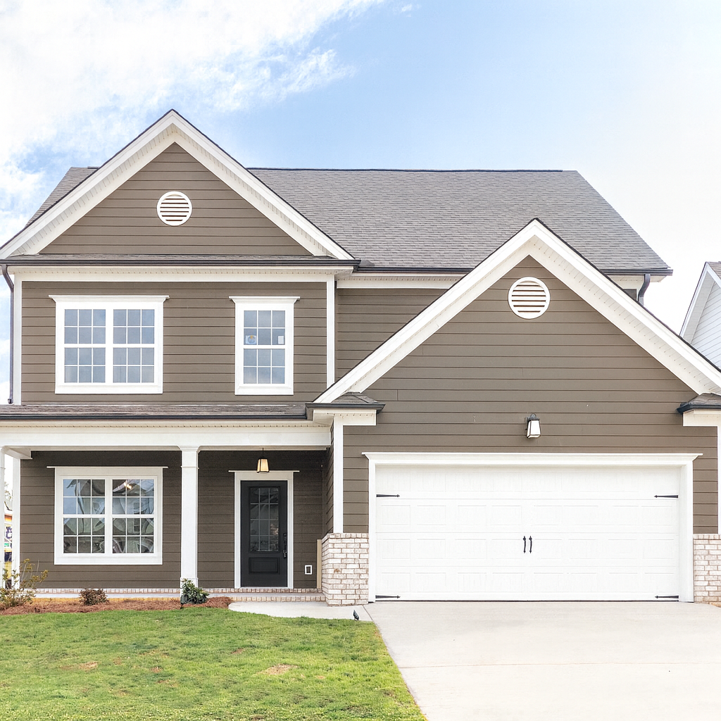 Two-story brown house with white trim, garage, and front door. Blue sky above, green lawn in front.