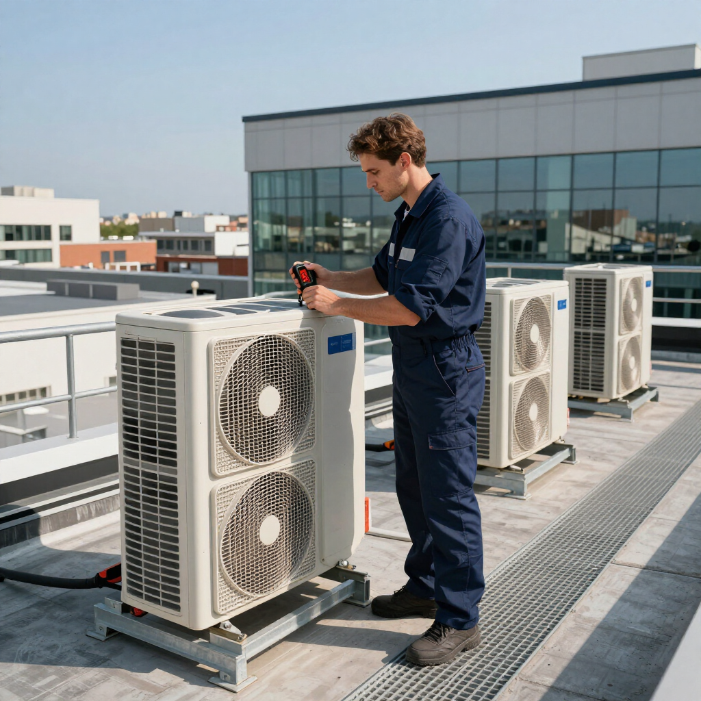 Technician inspecting rooftop air conditioning units with a tool on a sunny day