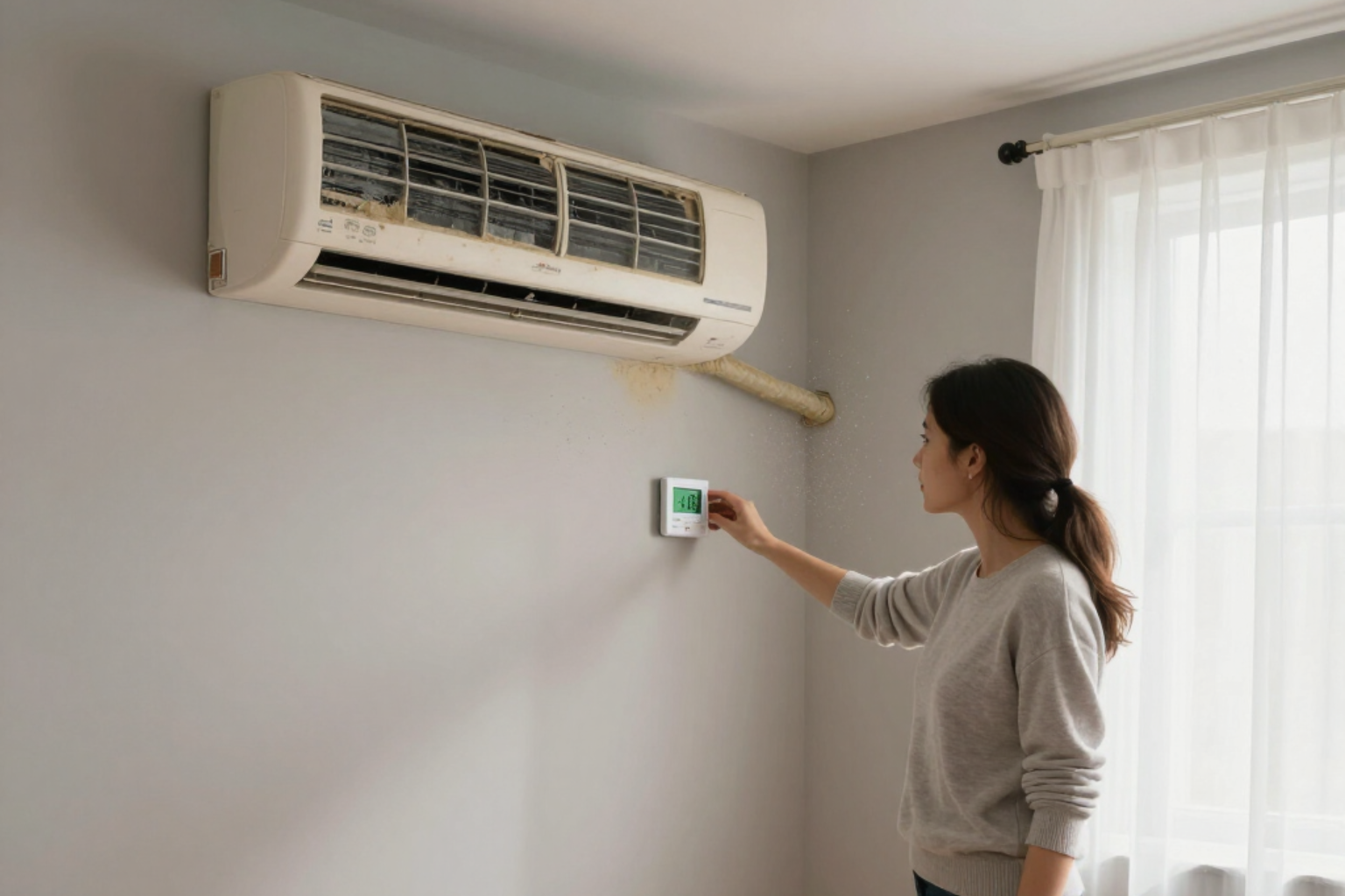 Woman adjusting a wall thermostat in a bright room with an air conditioner above.