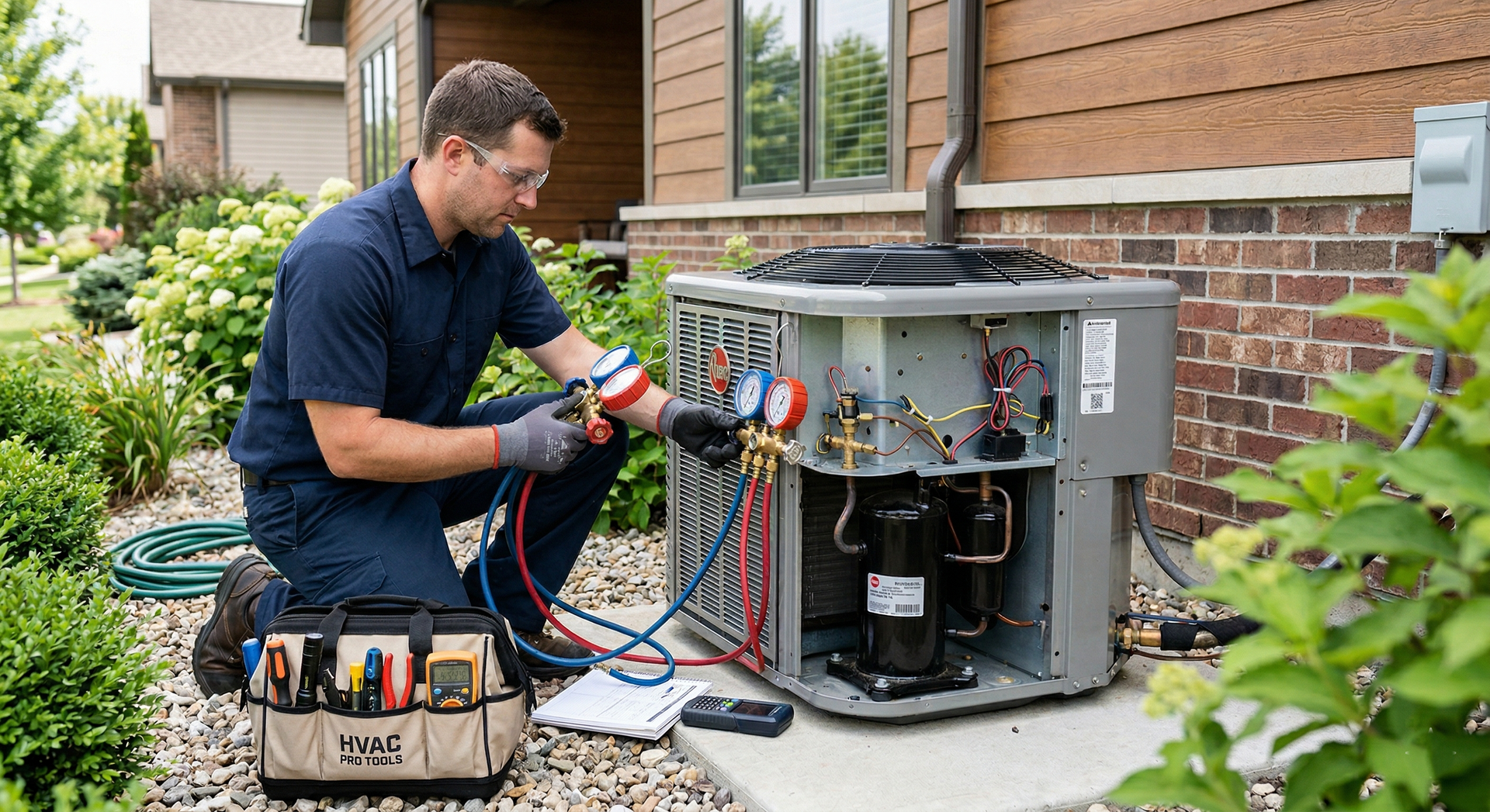 A technician in a blue uniform checks the refrigerant levels of an outdoor HVAC unit with a gauge manifold set.