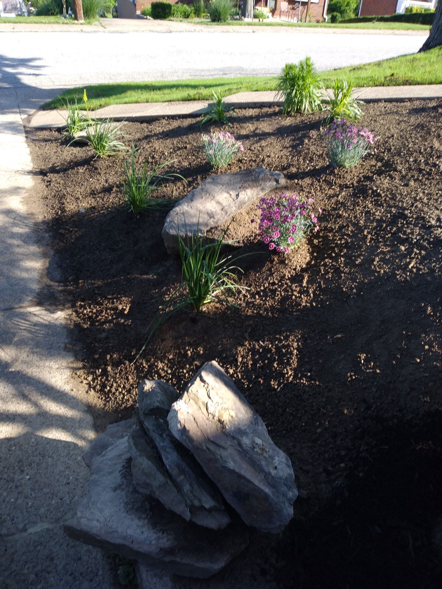 A flower bed with rocks, mulch, and colorful flowers in front of a street.