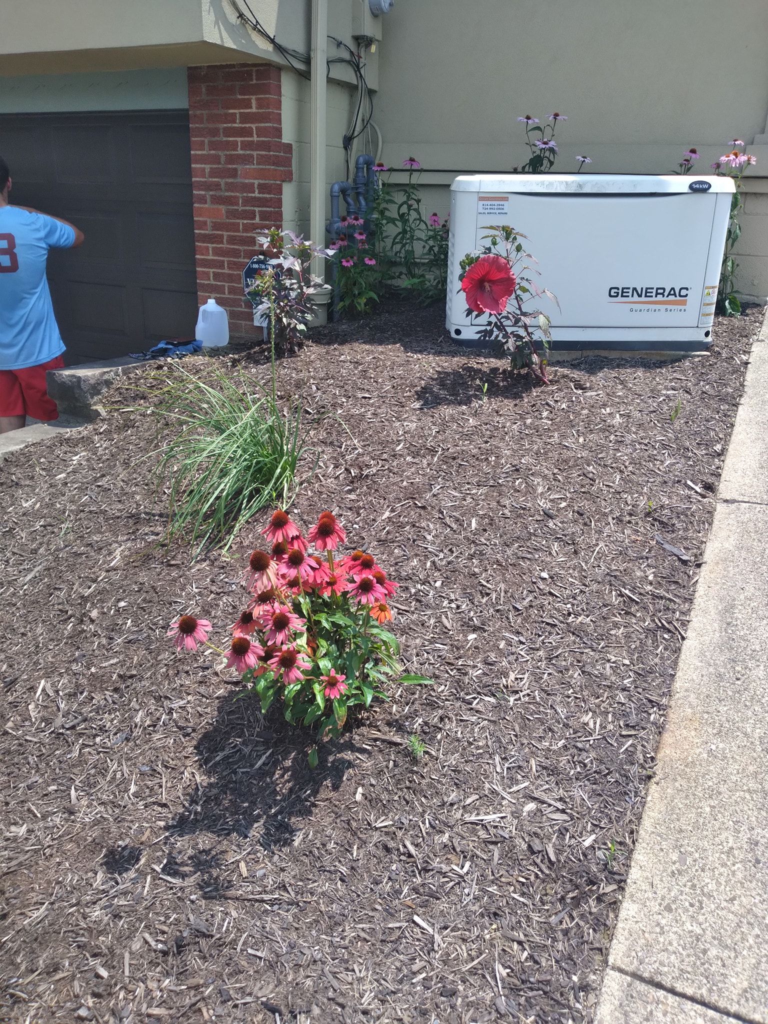 Person near a garage door, landscaping with flowers and a generator, wooden mulch.