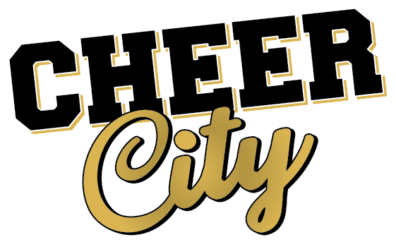 The logo for cheer city is black and gold on a white background.