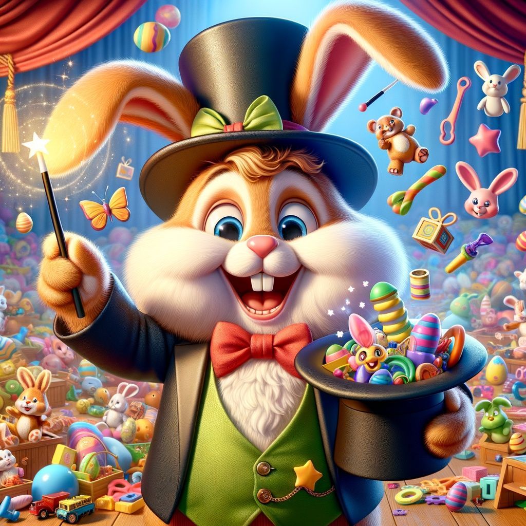 A cartoon bunny is holding a top hat and a bowl of candy.