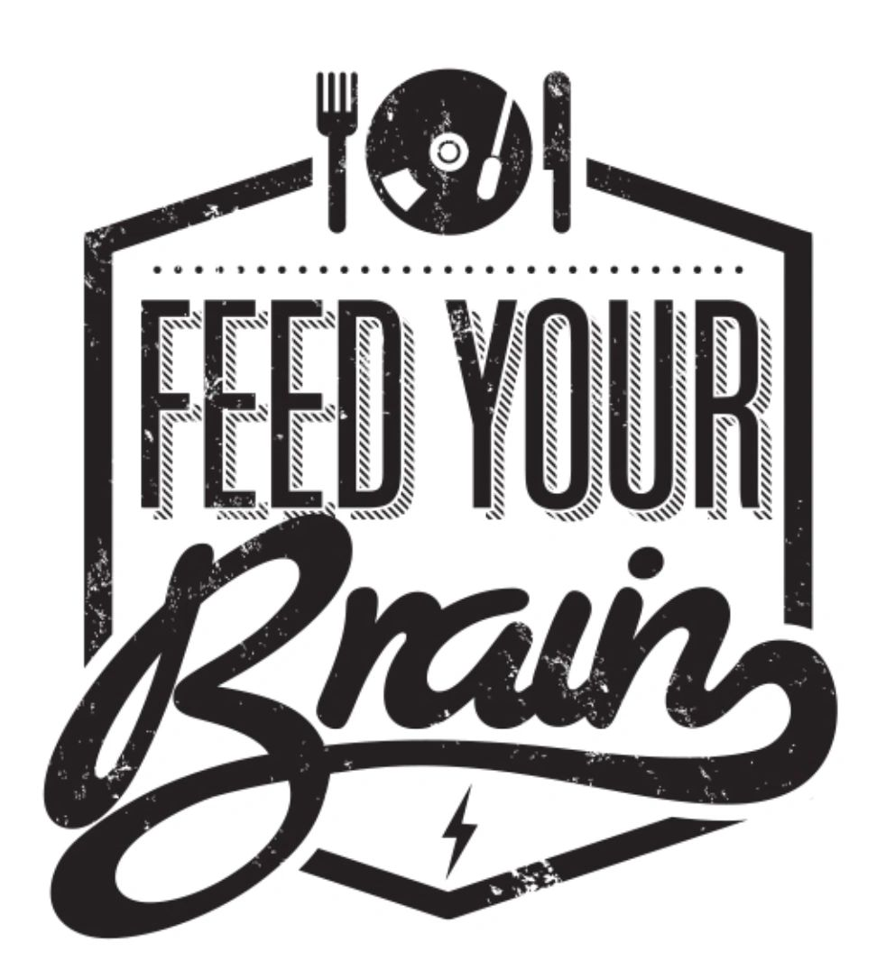 A black and white logo that says feed your brain